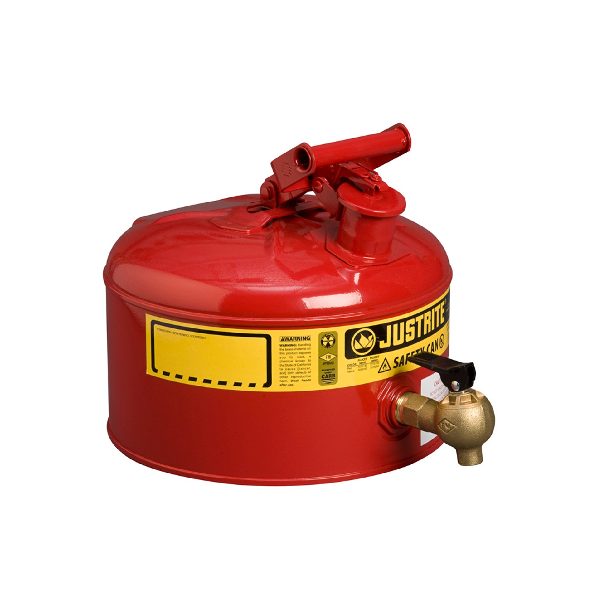 Justrite Type I Shelf Safety Can - 2.5 Gallon - Bottom 08540 Faucet - S/S Flame Arrester - Steel - Red - 7225140