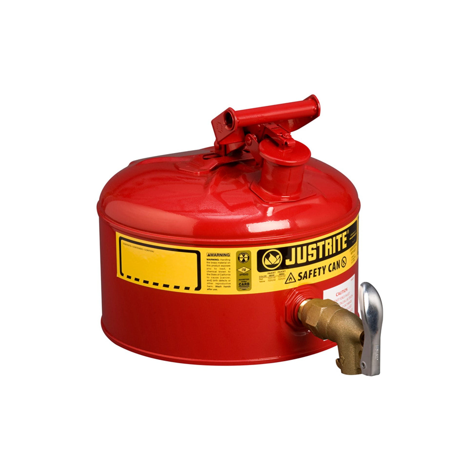 Justrite Type I Shelf Safety Can - 2.5 Gallon - Bottom 08902 Faucet - S/S Flame Arrester - Steel - Red - 7225150