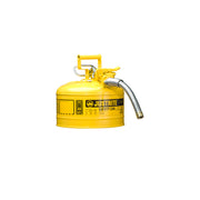 Justrite Type II Accuflow Steel Safety Can For Flammables - 2.5 Gal. - S/S Flame Arrester - 1" Metal Hose - Yellow - 7225230