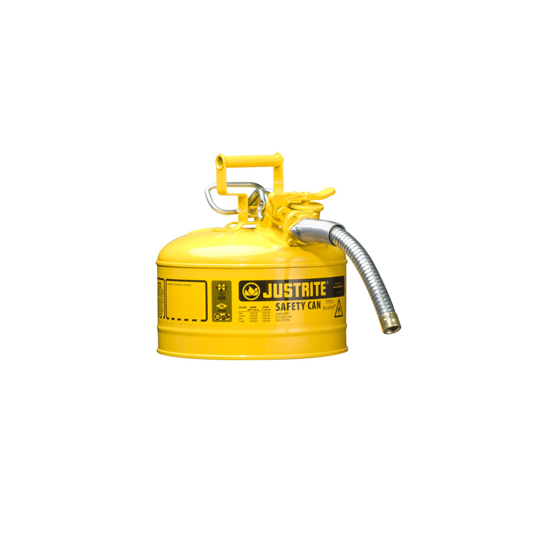 Justrite Type II Accuflow Steel Safety Can For Flammables - 2.5 Gal. - S/S Flame Arrester - 1" Metal Hose - Yellow - 7225230