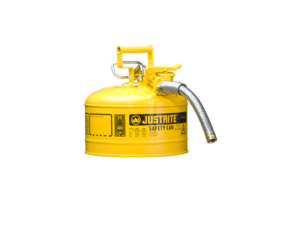 Justrite Type II Accuflow Steel Safety Can For Flammables - 2.5 Gal. - S/S Flame Arrester - 1" Metal Hose - Yellow - 7225230