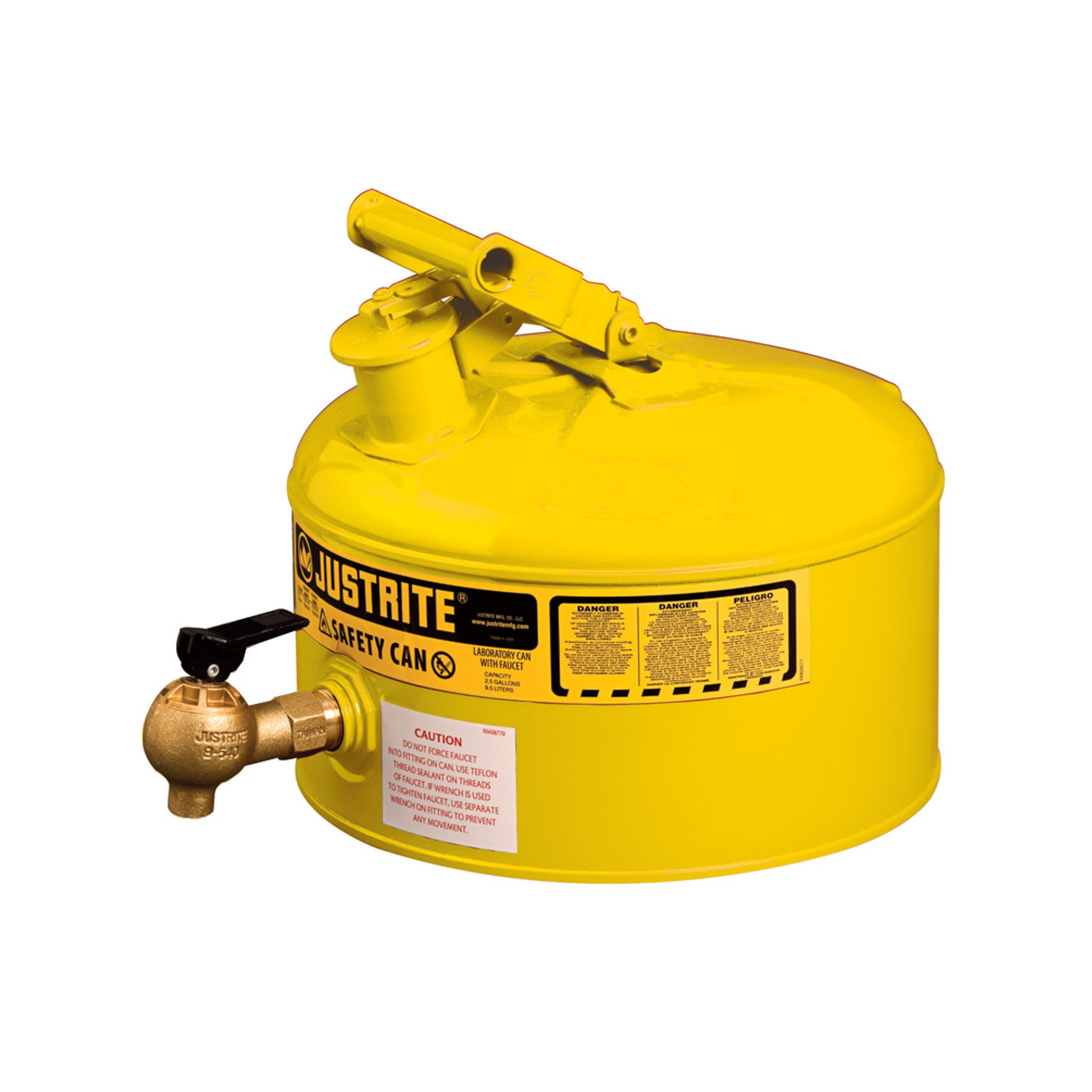 Justrite Type I Shelf Safety Can - 2.5 Gallon - Bottom 08540 Faucet - S/S Flame Arrester - Steel - Yellow - 7225240