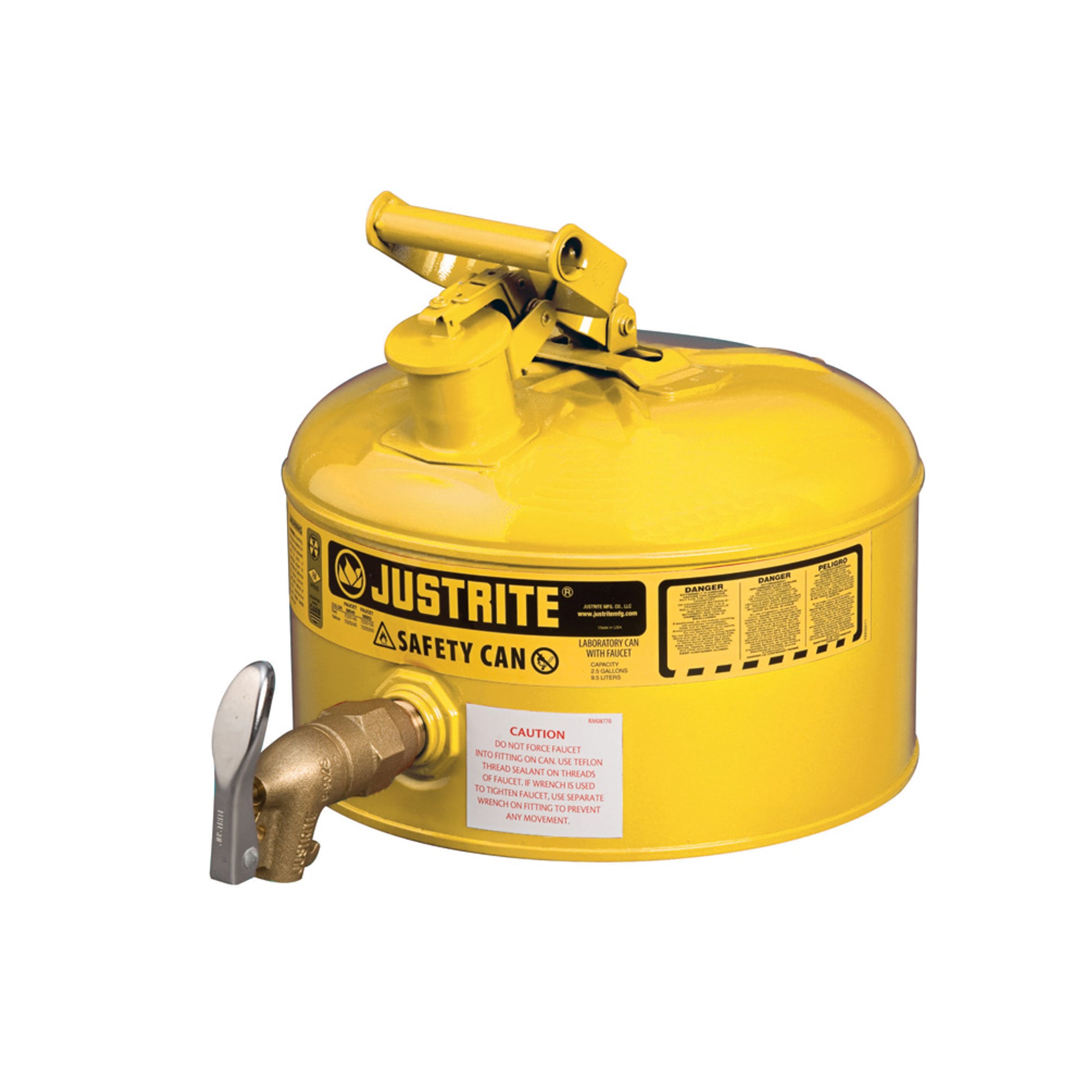 Justrite Type I Shelf Safety Can - 2.5 Gallon - Bottom 08902 Faucet - S/S Flame Arrester - Steel - Yellow - 7225250