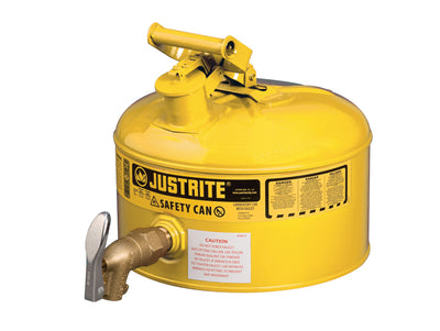 Justrite Type I Shelf Safety Can - 2.5 Gallon - Bottom 08902 Faucet - S/S Flame Arrester - Steel - Yellow - 7225250