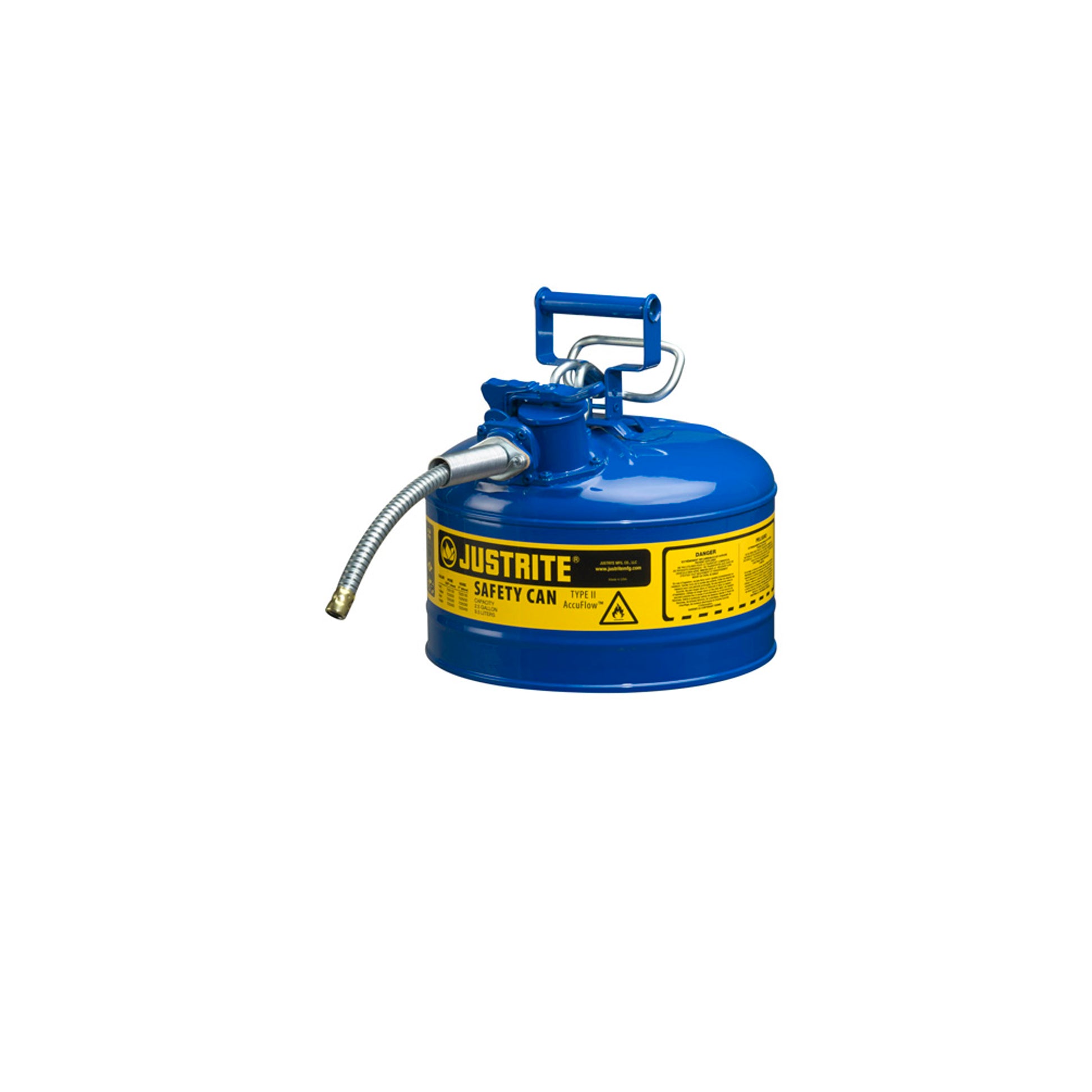 Justrite Type II Accuflow Steel Safety Can For Flammables - 2.5 Gal. - Flame Arrester - 5/8" Metal Hose - Blue - 7225320
