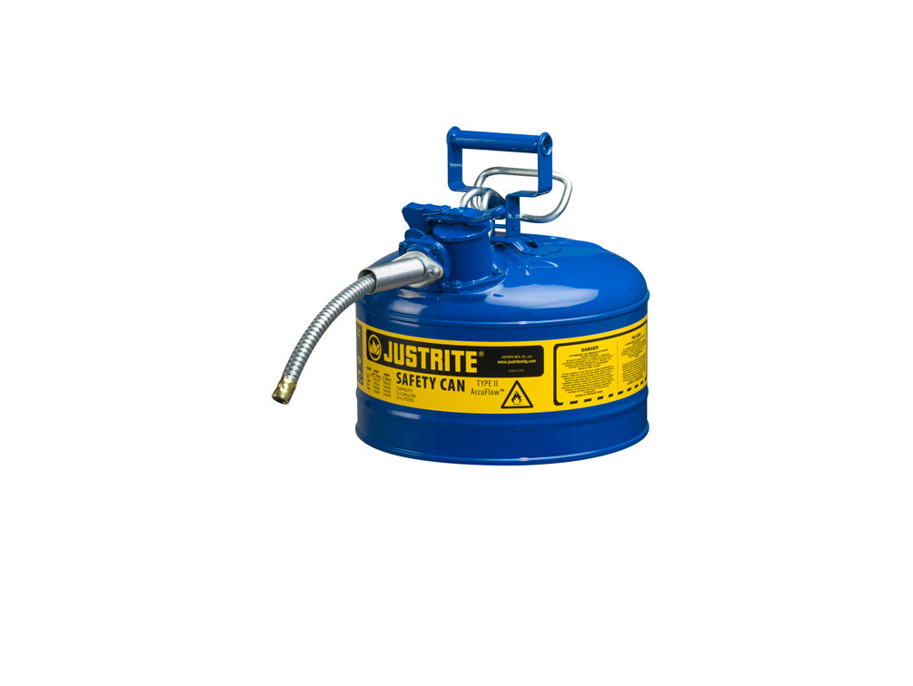 Justrite Type II Accuflow Steel Safety Can For Flammables - 2.5 Gal. - Flame Arrester - 5/8" Metal Hose - Blue - 7225320