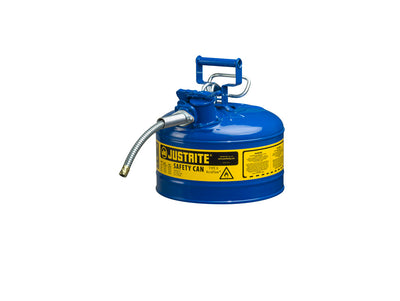 Justrite Type II Accuflow Steel Safety Can For Flammables - 2.5 Gal. - Flame Arrester - 5/8" Metal Hose - Blue - 7225320