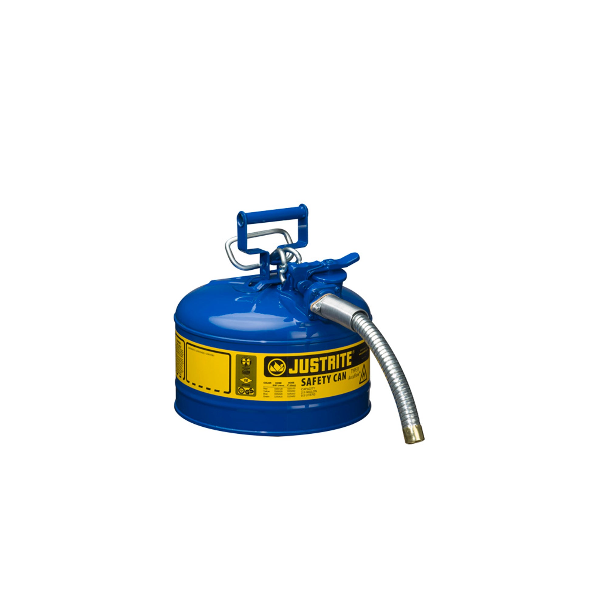 Justrite Type II Accuflow Steel Safety Can For Flammables - 2.5 Gal. - S/S Flame Arrester - 1" Metal Hose - Blue - 7225330