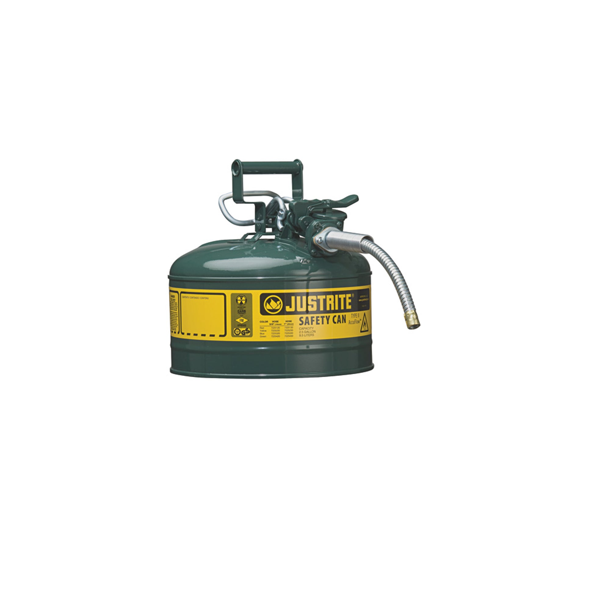 Justrite Type II Accuflow Steel Safety Can For Flammables - 2.5 Gal. - Flame Arrester - 5/8" Metal Hose - Green - 7225420