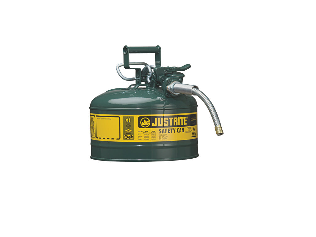 Justrite Type II Accuflow Steel Safety Can For Flammables - 2.5 Gal. - Flame Arrester - 5/8" Metal Hose - Green - 7225420