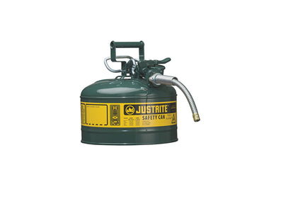 Justrite Type II Accuflow Steel Safety Can For Flammables - 2.5 Gal. - Flame Arrester - 5/8" Metal Hose - Green - 7225420