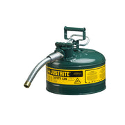 Justrite Type II Accuflow Steel Safety Can For Flammables - 2.5 Gal. - S/S Flame Arrester - 1" Metal Hose - Green - 7225430
