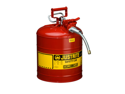 Justrite Type II Accuflow Steel Safety Can For Flammables - 5 Gal. - S/S Flame Arrester - 5/8" Metal Hose - Red - 7250120