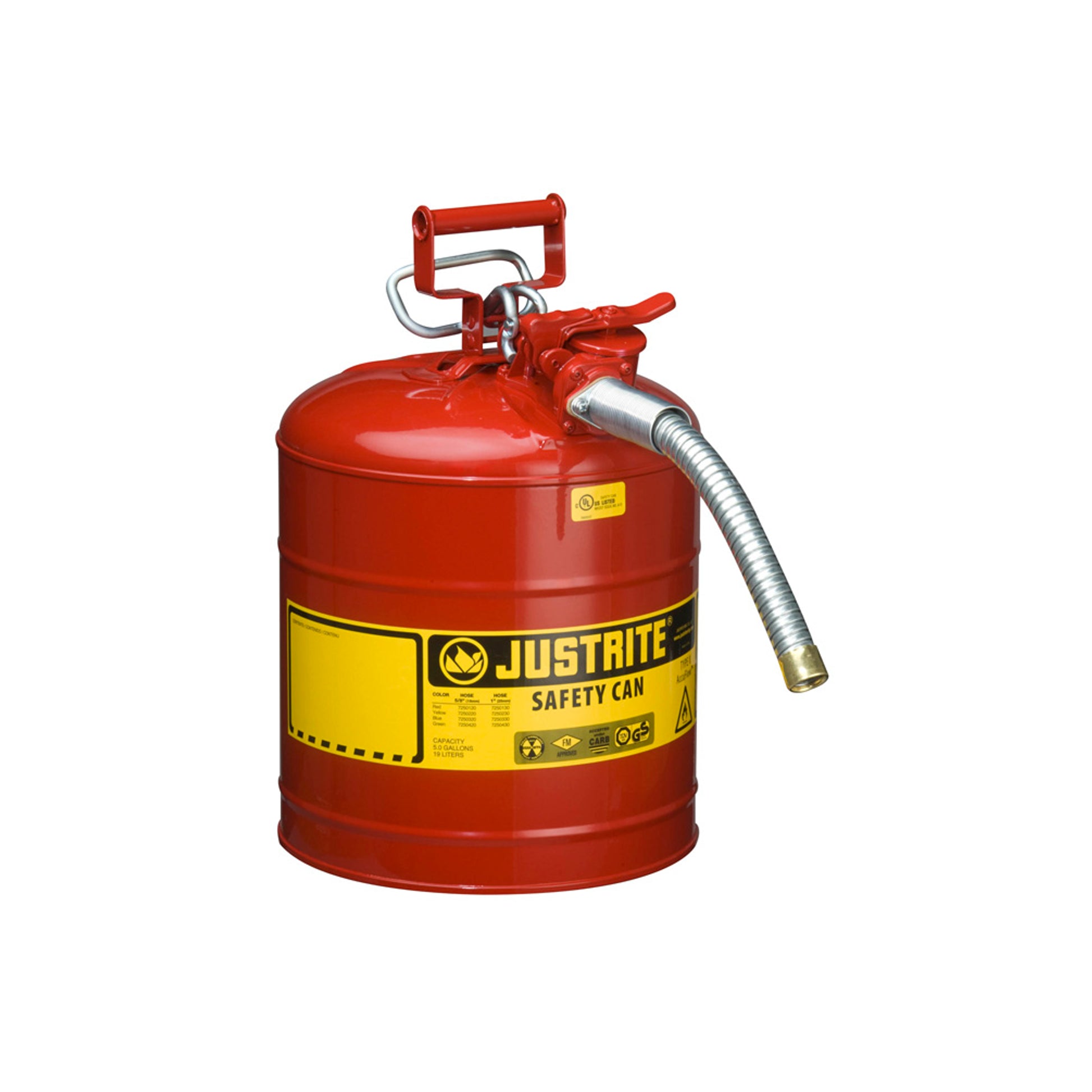 Justrite Type II Accuflow Steel Safety Can For Flammables - 5 Gal. - S/S Flame Arrester - 1" Metal Hose - Red - 7250130