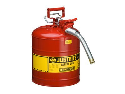 Justrite Type II Accuflow Steel Safety Can For Flammables - 5 Gal. - S/S Flame Arrester - 1" Metal Hose - Red - 7250130