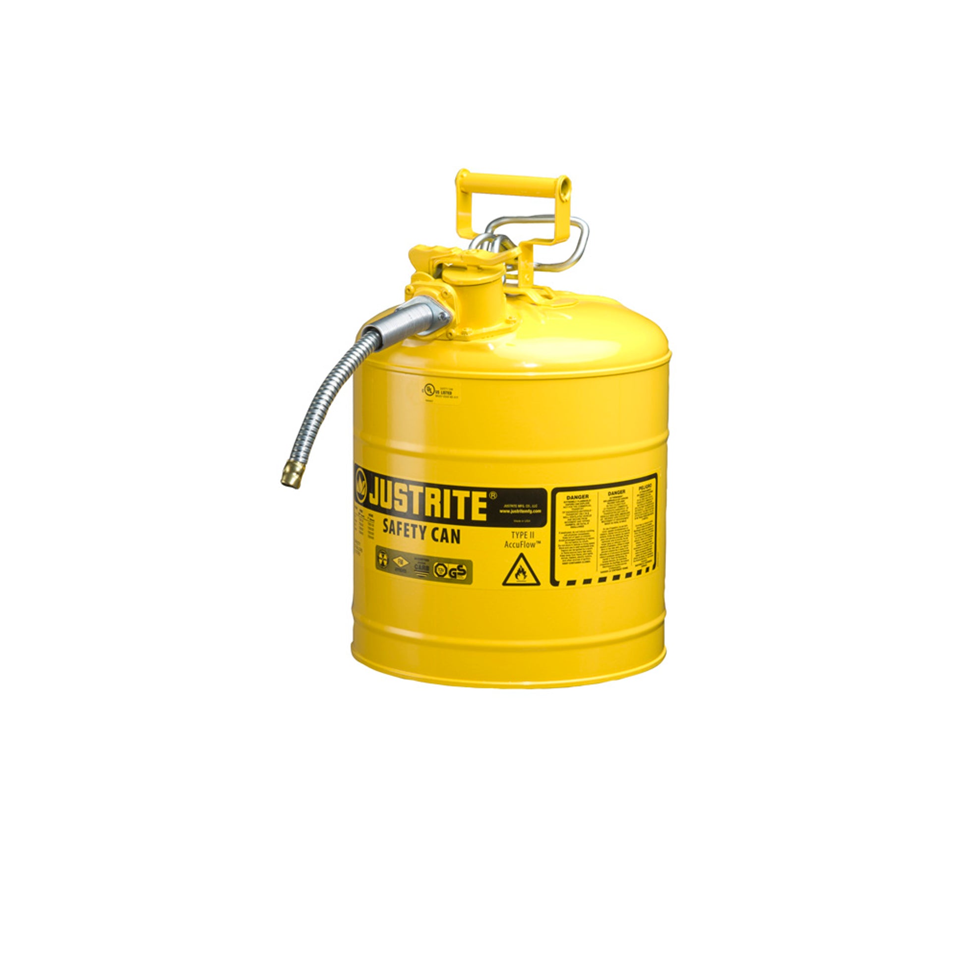 Justrite Type II Accuflow Steel Safety Can For Flammables - 5 Gal. - S/S Flame Arrester - 5/8" Metal Hose - Yellow - 7250220