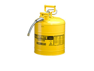 Justrite Type II Accuflow Steel Safety Can For Flammables - 5 Gal. - S/S Flame Arrester - 5/8" Metal Hose - Yellow - 7250220