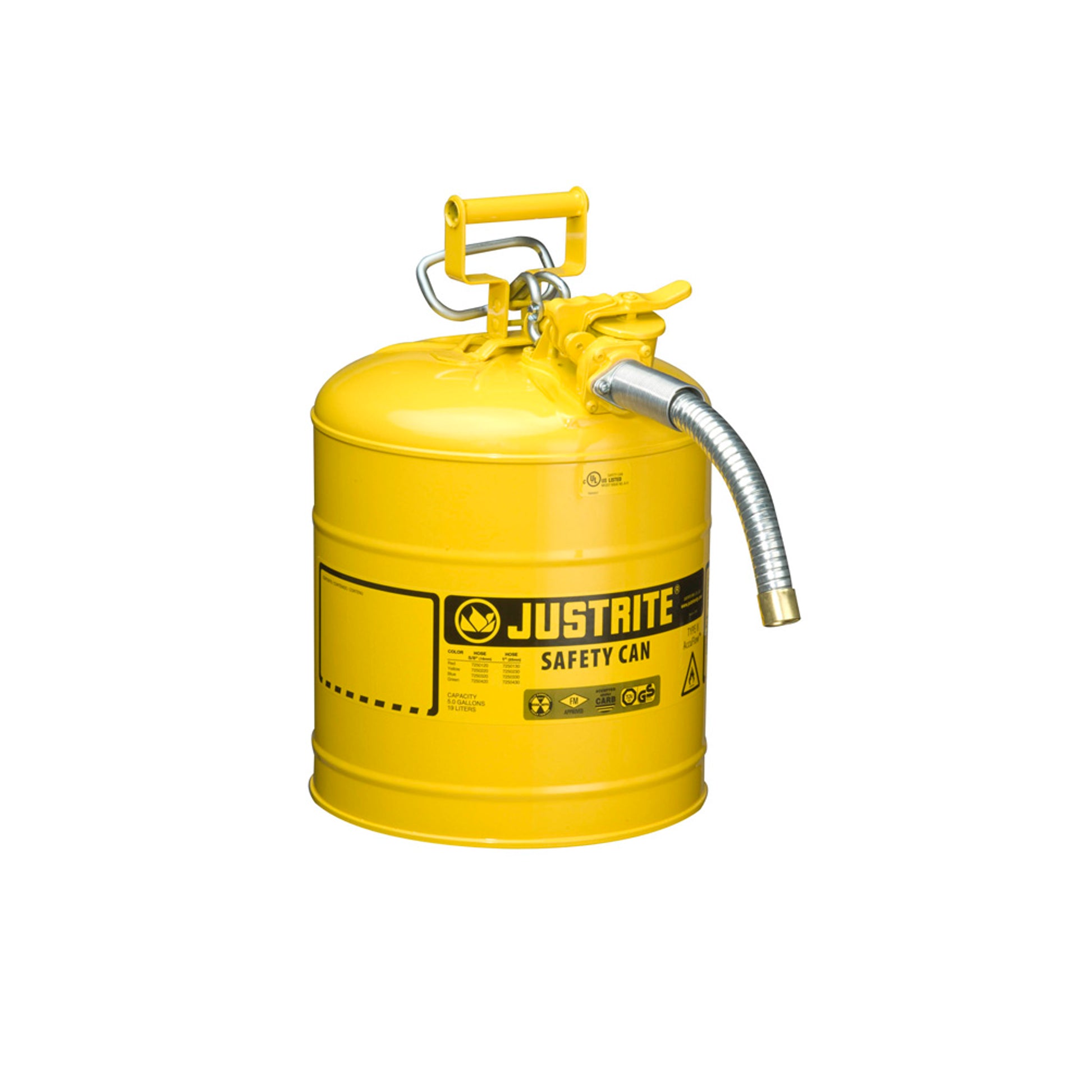 Justrite Type II Accuflow Steel Safety Can For Flammables - 5 Gal. - S/S Flame Arrester - 1" Metal Hose - Yellow - 7250230