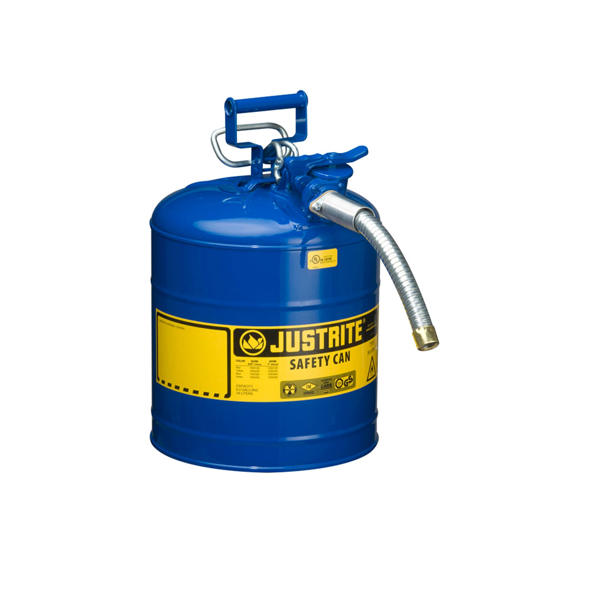 Justrite Type II Accuflow Steel Safety Can For Flammables - 5 Gal. - S/S Flame Arrester - 1" Metal Hose - Blue - 7250330