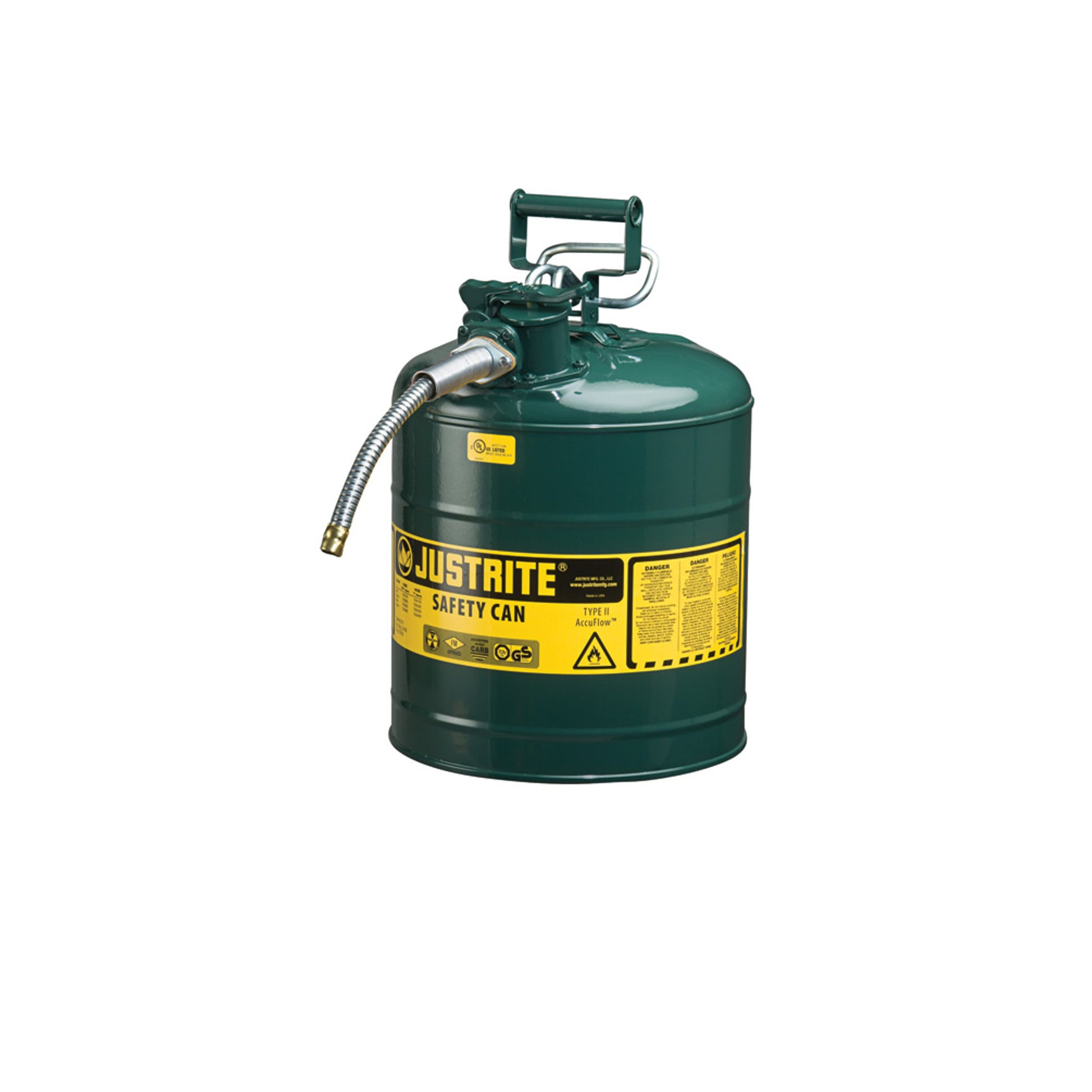 Justrite Type II Accuflow Steel Safety Can For Flammables - 5 Gal. - S/S Flame Arrester - 5/8" Metal Hose - Green - 7250420