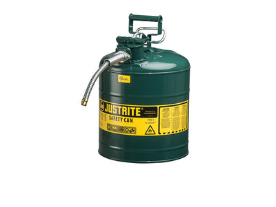 Justrite Type II Accuflow Steel Safety Can For Flammables - 5 Gal. - S/S Flame Arrester - 5/8" Metal Hose - Green - 7250420