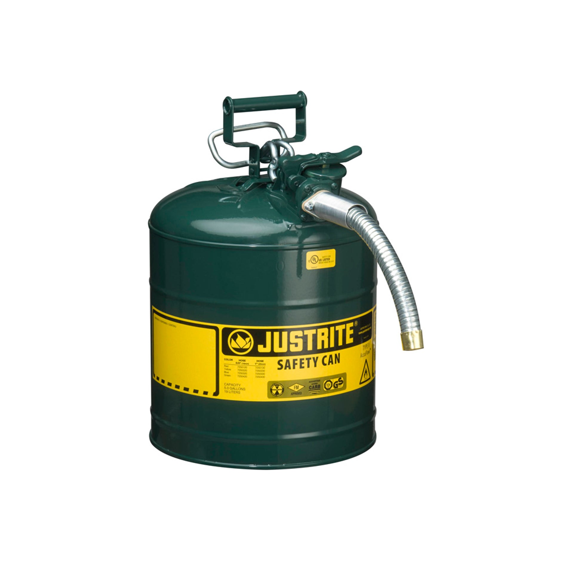 Justrite Type II Accuflow Steel Safety Can For Flammables - 5 Gal. - S/S Flame Arrester - 1" Metal Hose - Green - 7250430