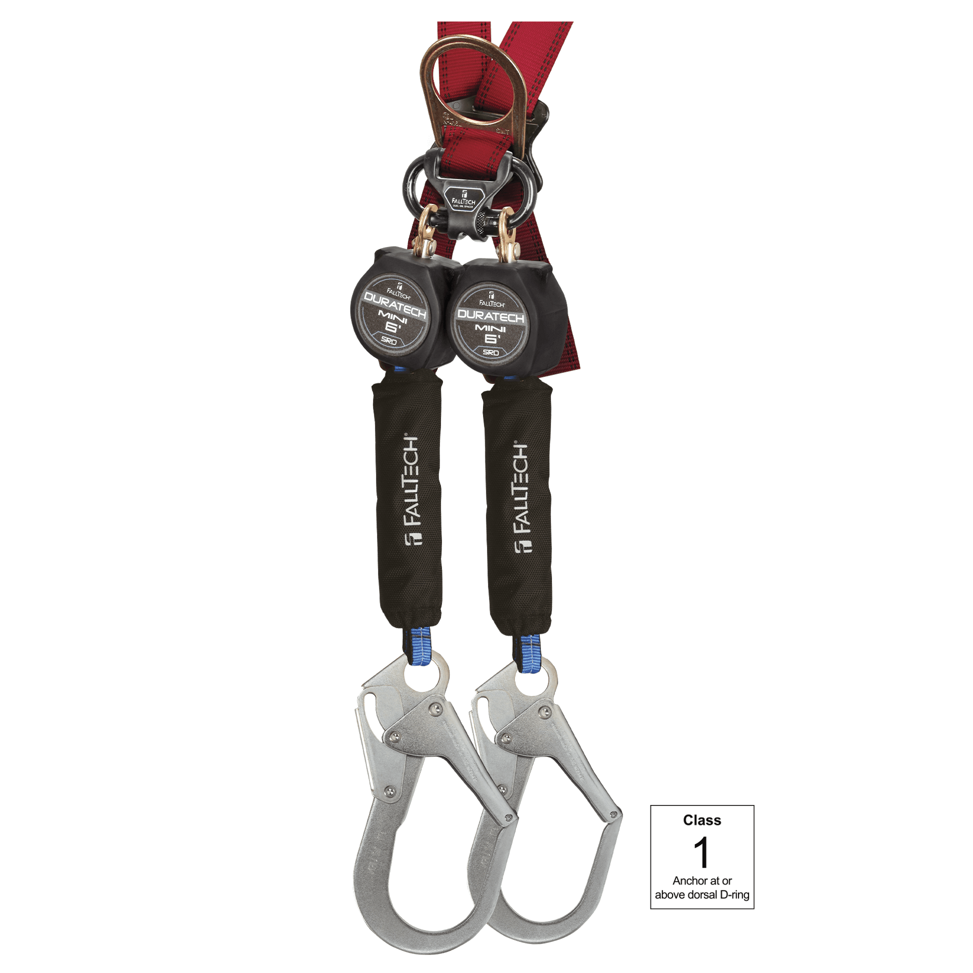 FallTech 6' Class 1 Mini Twin-Leg Personal SRL with Steel Rebar Hooks Includes Steel Dorsal Connecting Carabiner - 72706TB3