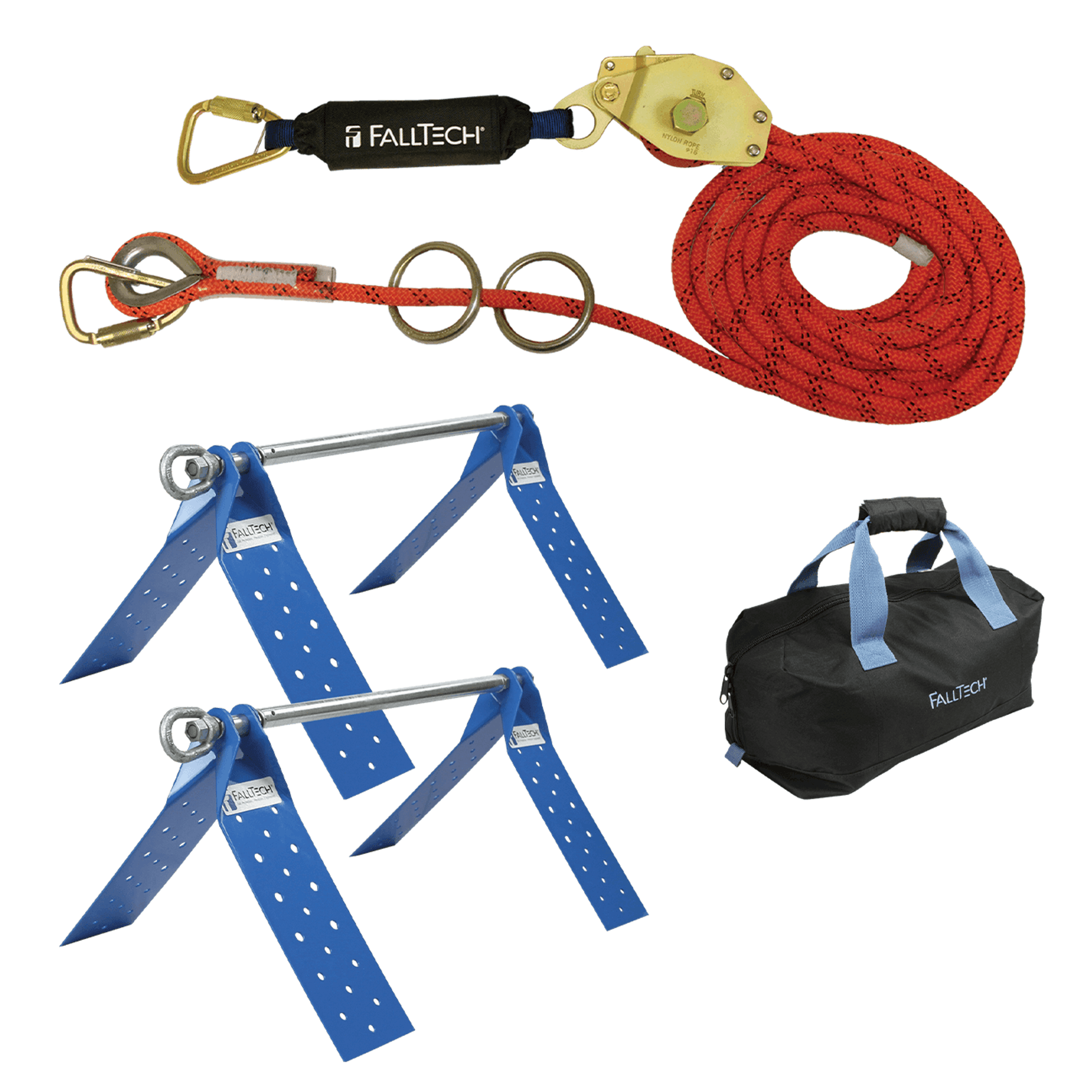 FallTech 60' Temporary Rope HLL System; 2-person with Kernmantle Rope and Dual Truss Roof Anchors - 7432602K