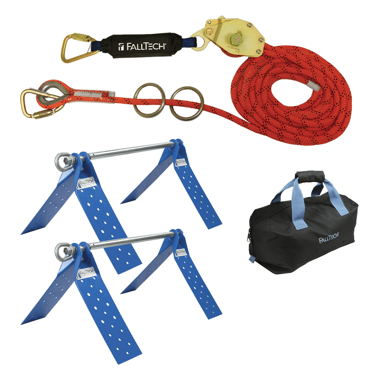 FallTech 60' Temporary Rope HLL System; 2-person with Kernmantle Rope and Dual Truss Roof Anchors - 7432602K