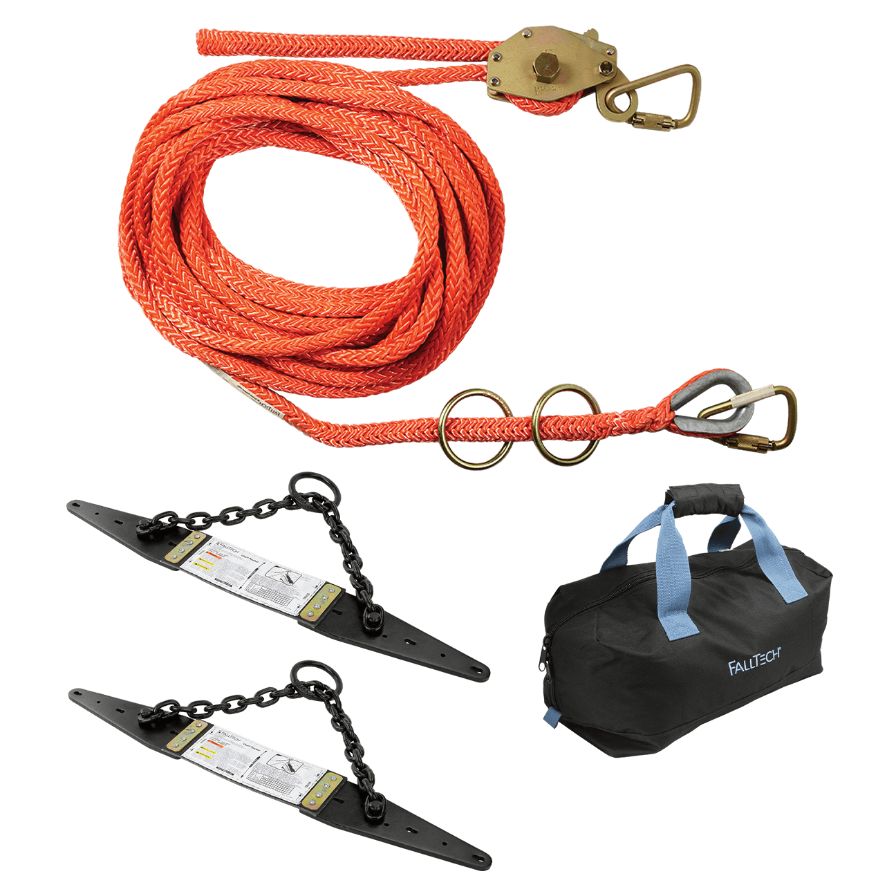 FallTech 50' Temporary Rope HLL System; 2-person Hollow-core Polyester Rope and Chain Roof Anchors - 7493A502
