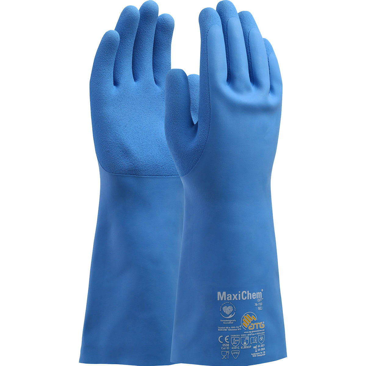 MaxiChem Cut Latex Blend Coated Glove w/HPPE Liner & Non-Slip Grip on Palm Fingers - 14" - Blue - 6/DZ - 76-733