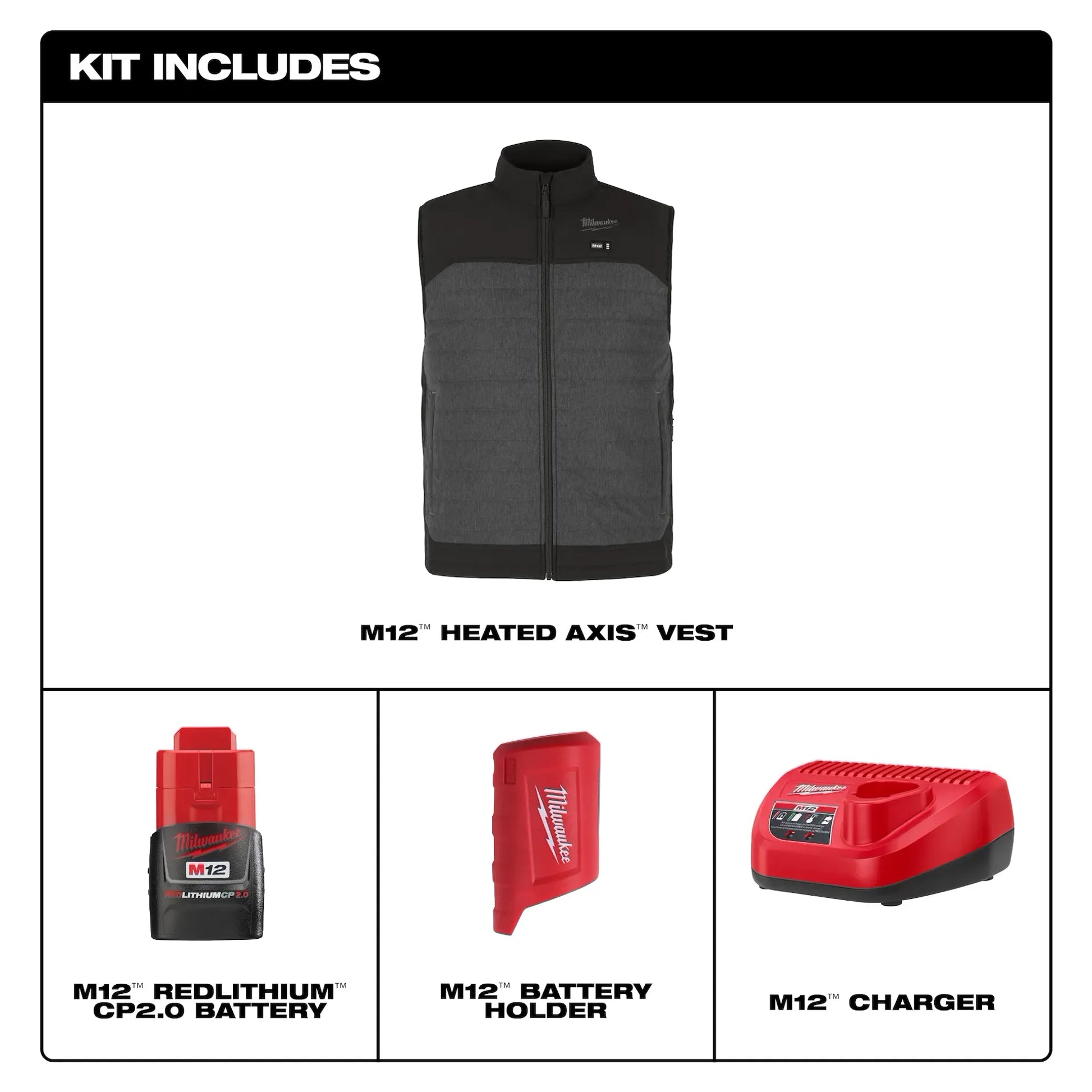 Milwaukee Tools M12 Heated Axis Vest - Complete Kit (Includes Battery) - Gray - M300G-21