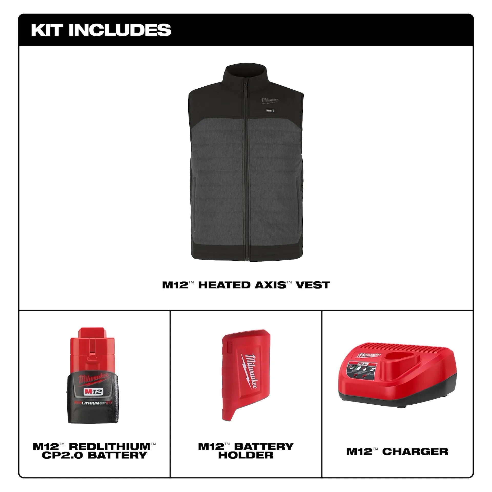 Milwaukee Tools M12 Heated Axis Vest - Complete Kit (Includes Battery) - Gray - M300G-21