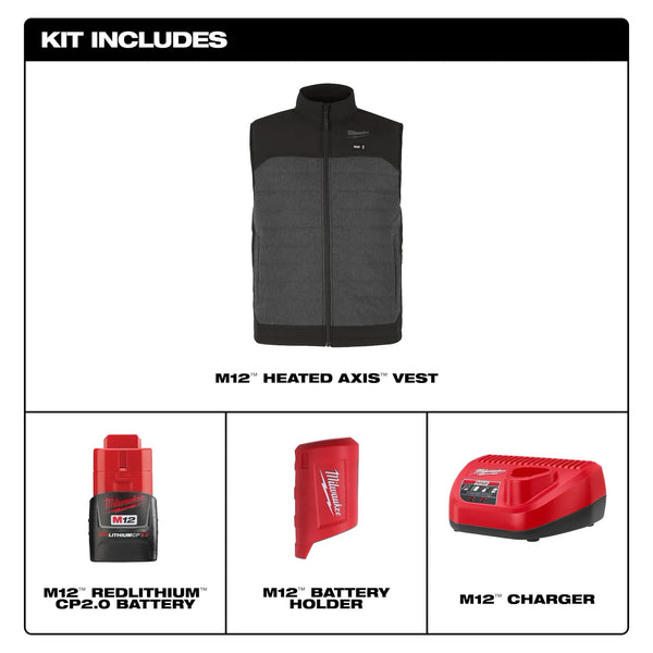 Milwaukee Tools M12 Heated Axis Vest - Complete Kit (Includes Battery) - Gray - M300G-21