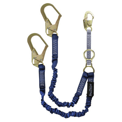 FallTech 4½' to 6' ElasTech Energy Absorbing Lanyard Double-leg with SRL D-ring and Steel Rebar Hooks - 8240Y32D