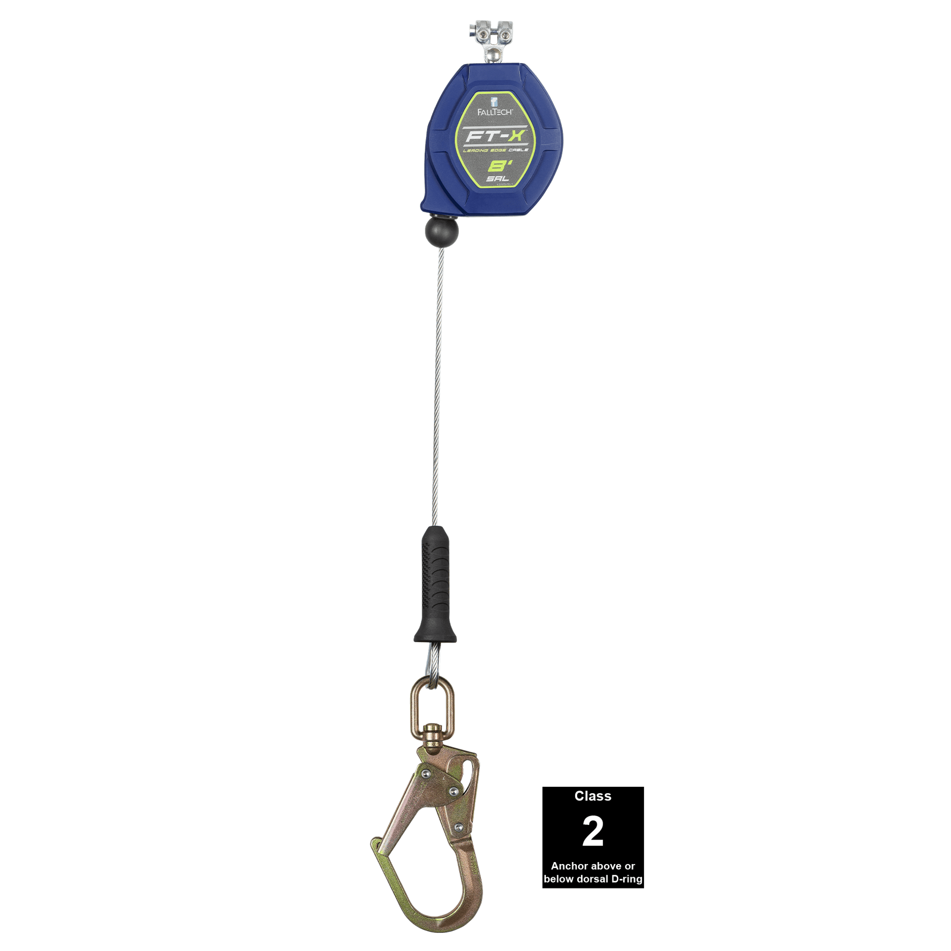 FallTech 8' FT-X Cable Class 2 Leading Edge Personal SRL - Replacement-leg with Steel Swivel Mini Rebar Hook - 82808RP0S