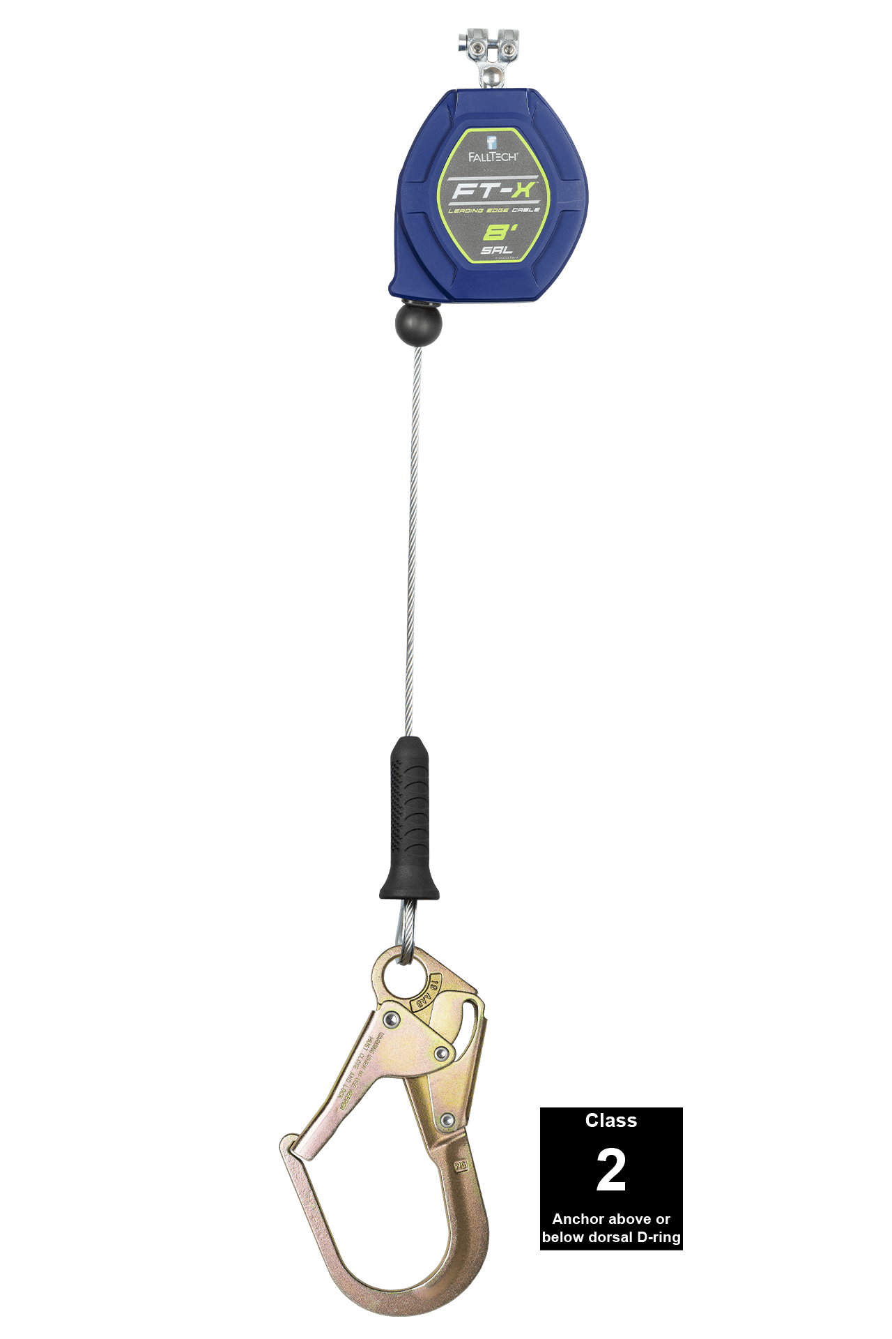 FallTech 8' FT-X Cable Class 2 Leading Edge Personal SRL - Replacement-leg with Steel Narrow Nose Rebar Hook - 82808RP3F