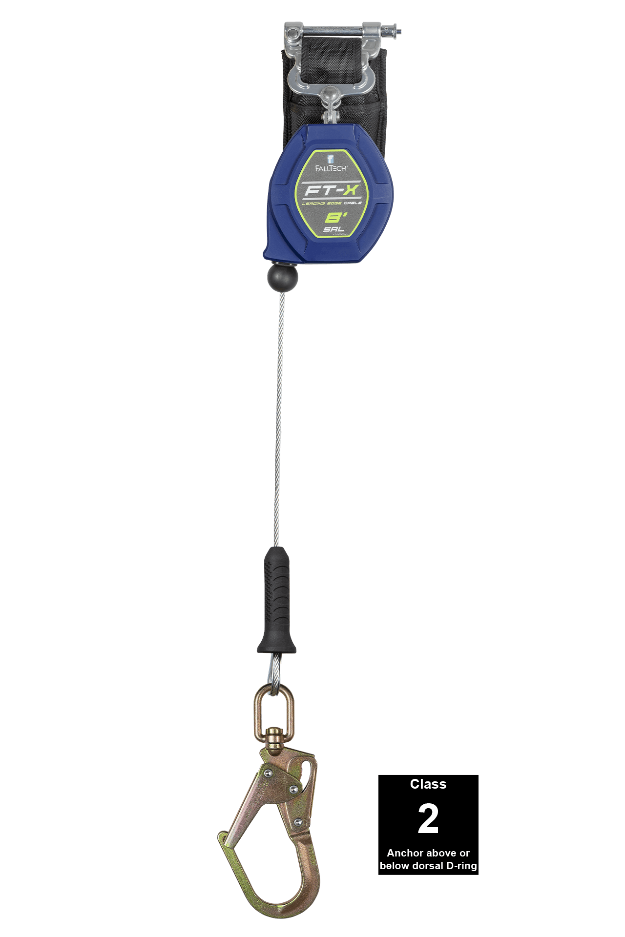 FallTech 8' FT-X Cable Class 2 Leading Edge Personal SRL - Single-leg with Steel Swivel Mini Rebar Hook - 82808SP0S