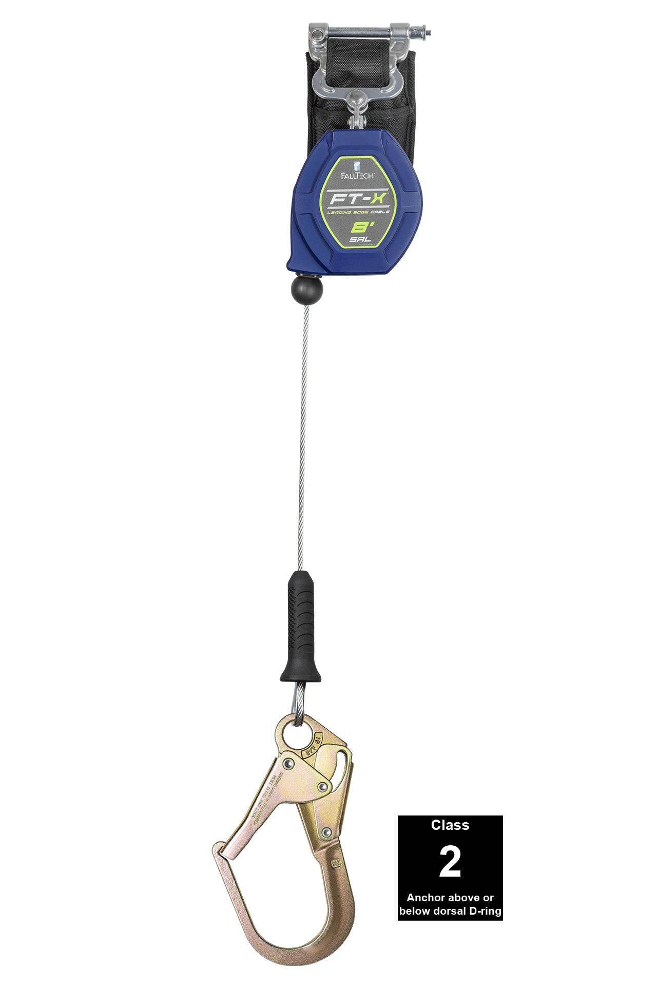 FallTech 8' FT-X Cable Class 2 Leading Edge Personal SRL - Single-leg with Steel Narrow Nose Rebar Hook - 82808SP3F