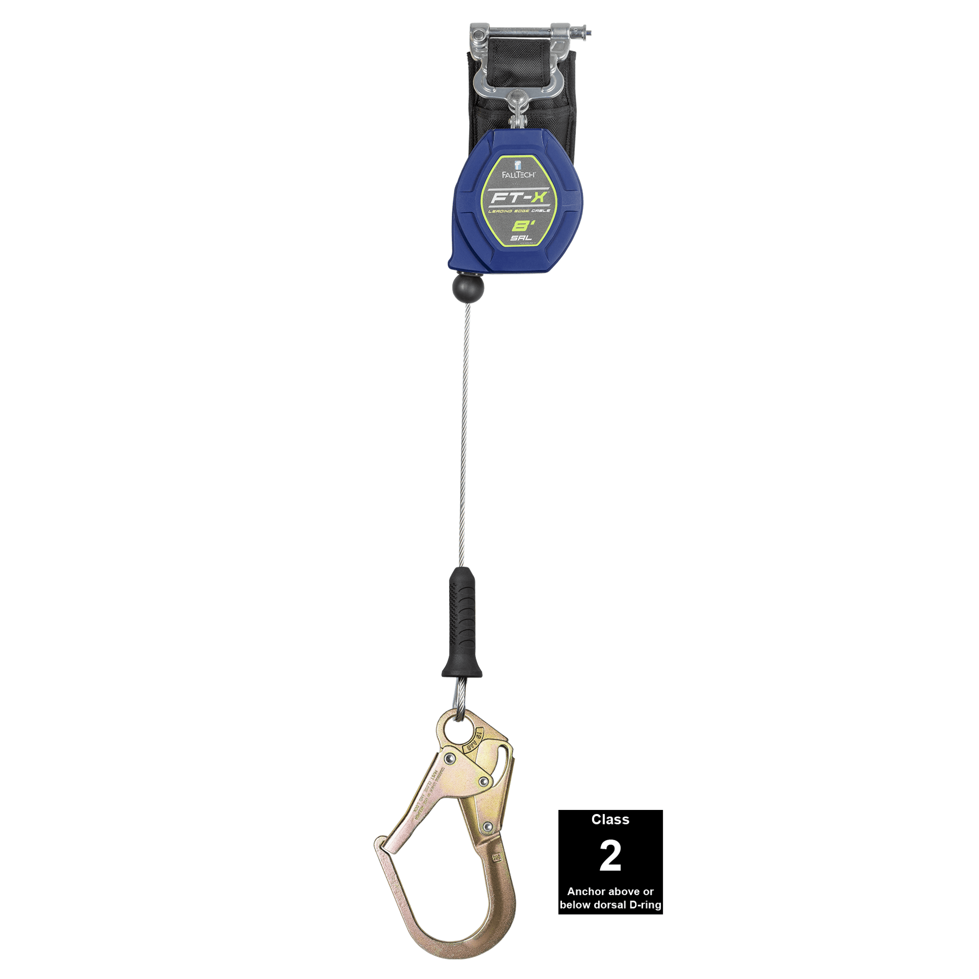 FallTech 8' FT-X Cable Class 2 Leading Edge Personal SRL - Single-leg with Steel Narrow Nose Rebar Hook - 82808SP3F
