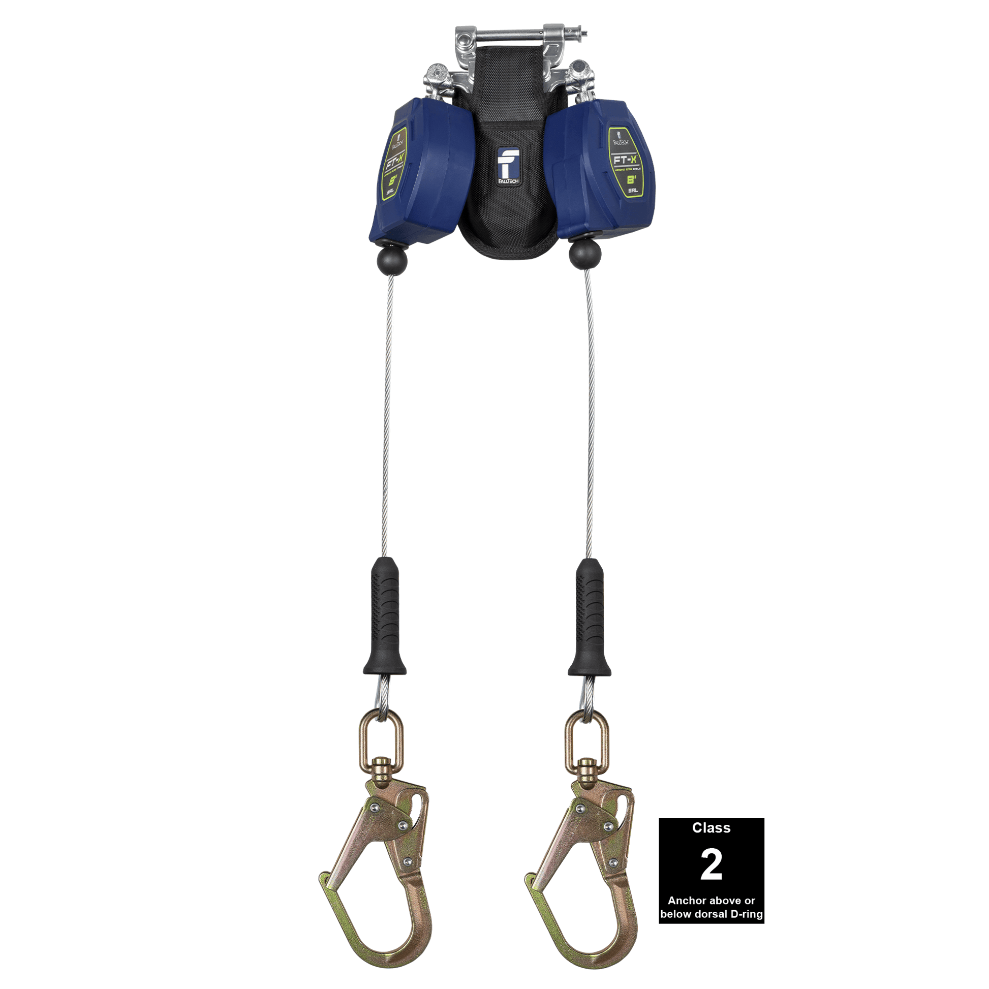 FallTech 8' FT-X Cable Class 2 Leading Edge Personal SRL - Twin-leg with Steel Swivel Mini Rebar Hook - 82808TP0S