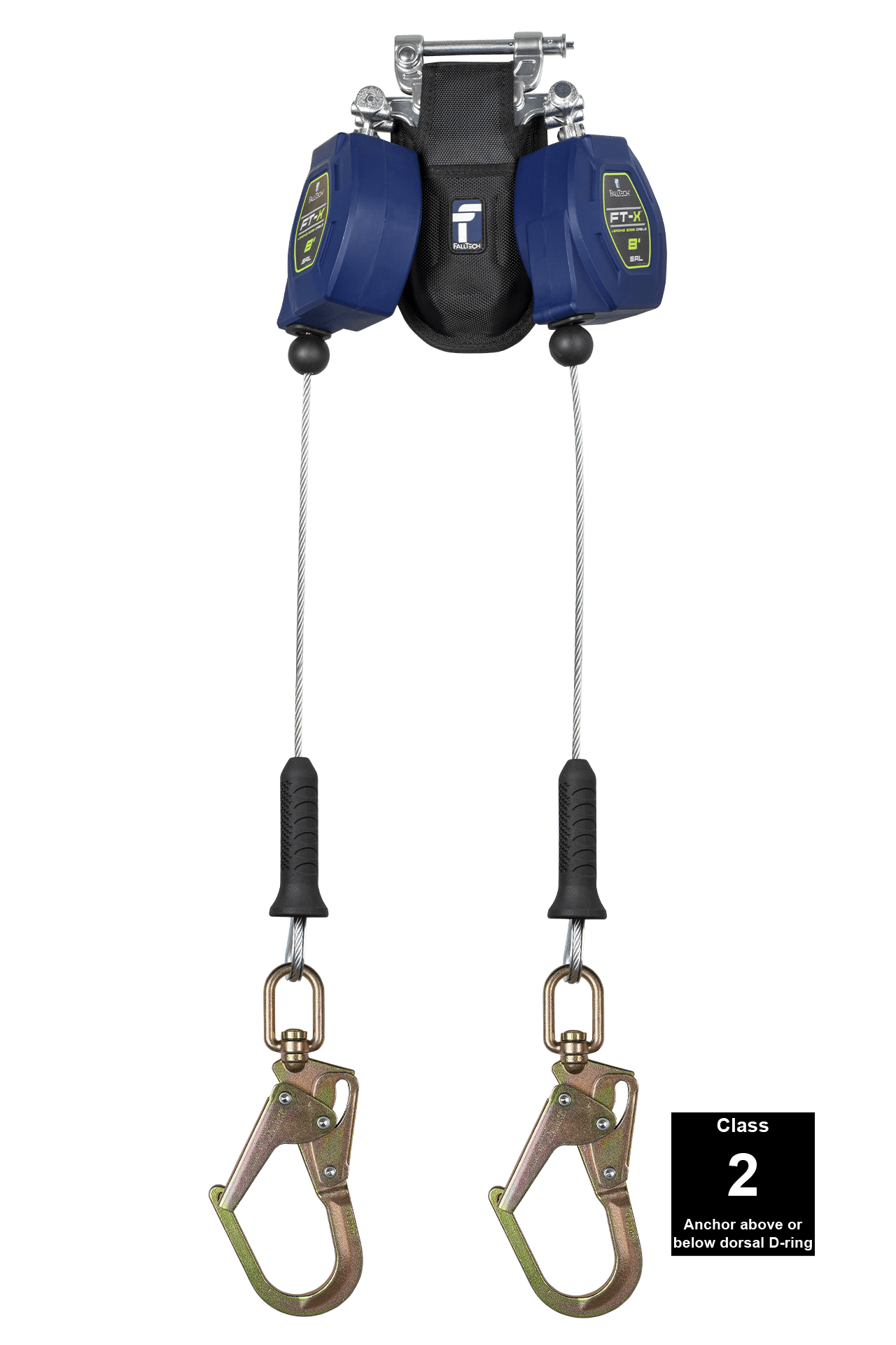 FallTech 8' FT-X Cable Class 2 Leading Edge Personal SRL - Twin-leg with Steel Swivel Mini Rebar Hook - 82808TP0S