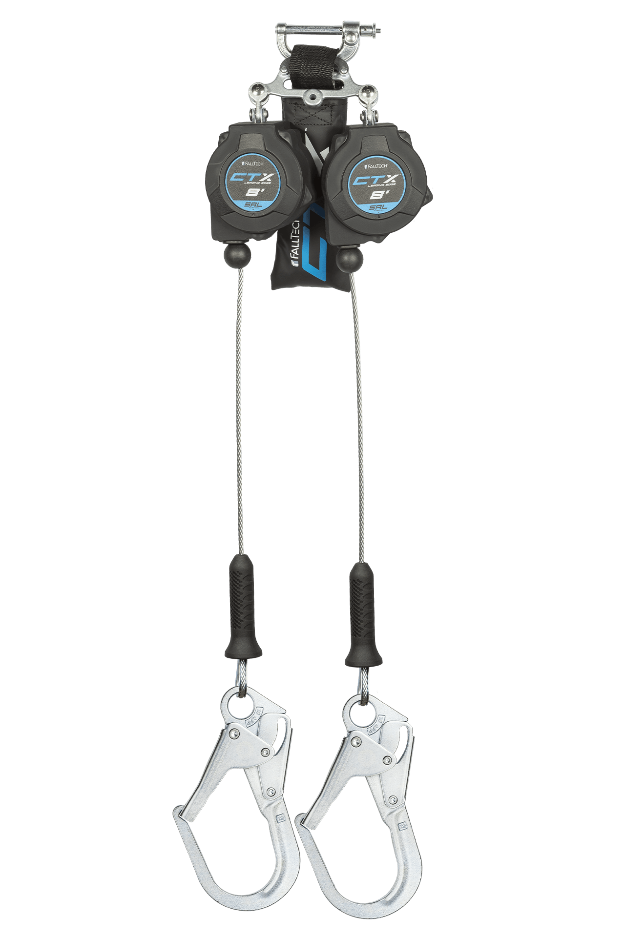 FallTech 8' CTX Cable Class 2 Leading Edge SRL-P Twin-leg with Steel Rebar Hooks - 83208TP3