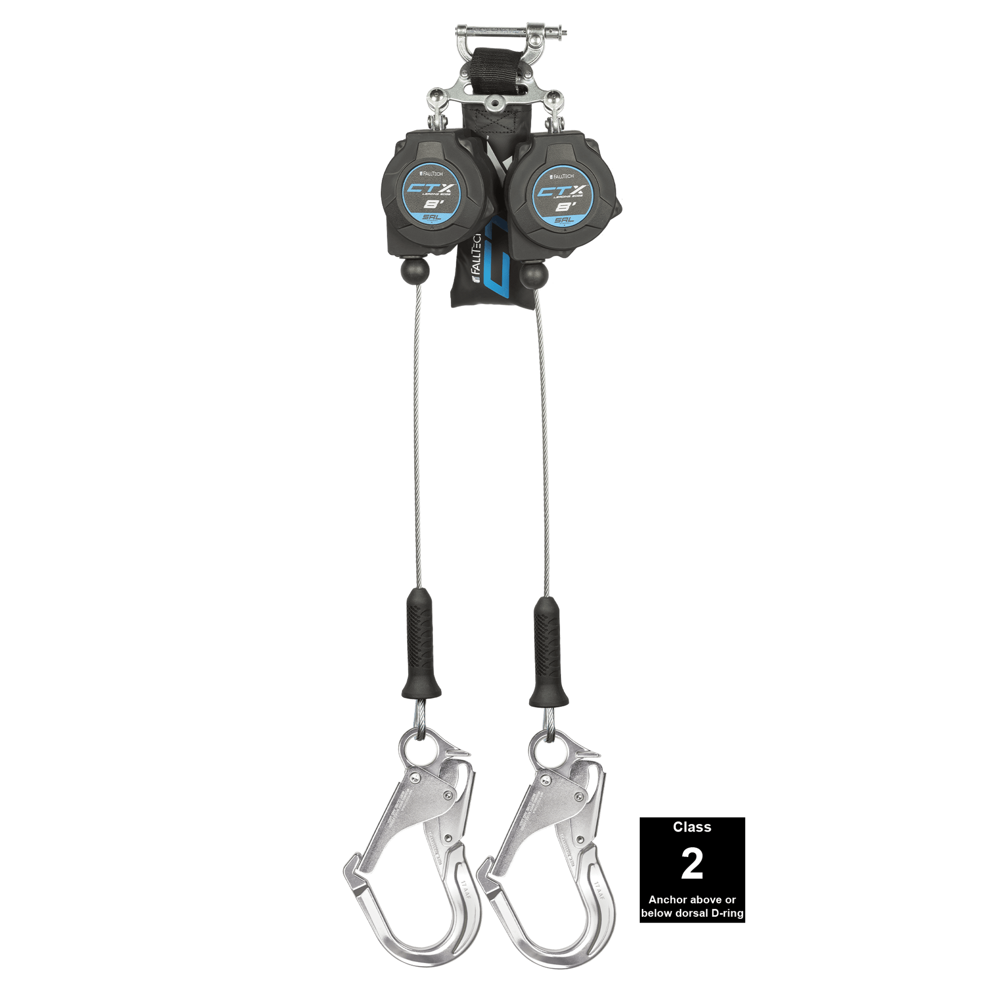 FallTech 8' CTX Cable Class 2 Leading Edge SRL-P Twin-leg with Aluminum Rebar Hooks - 83208TP5