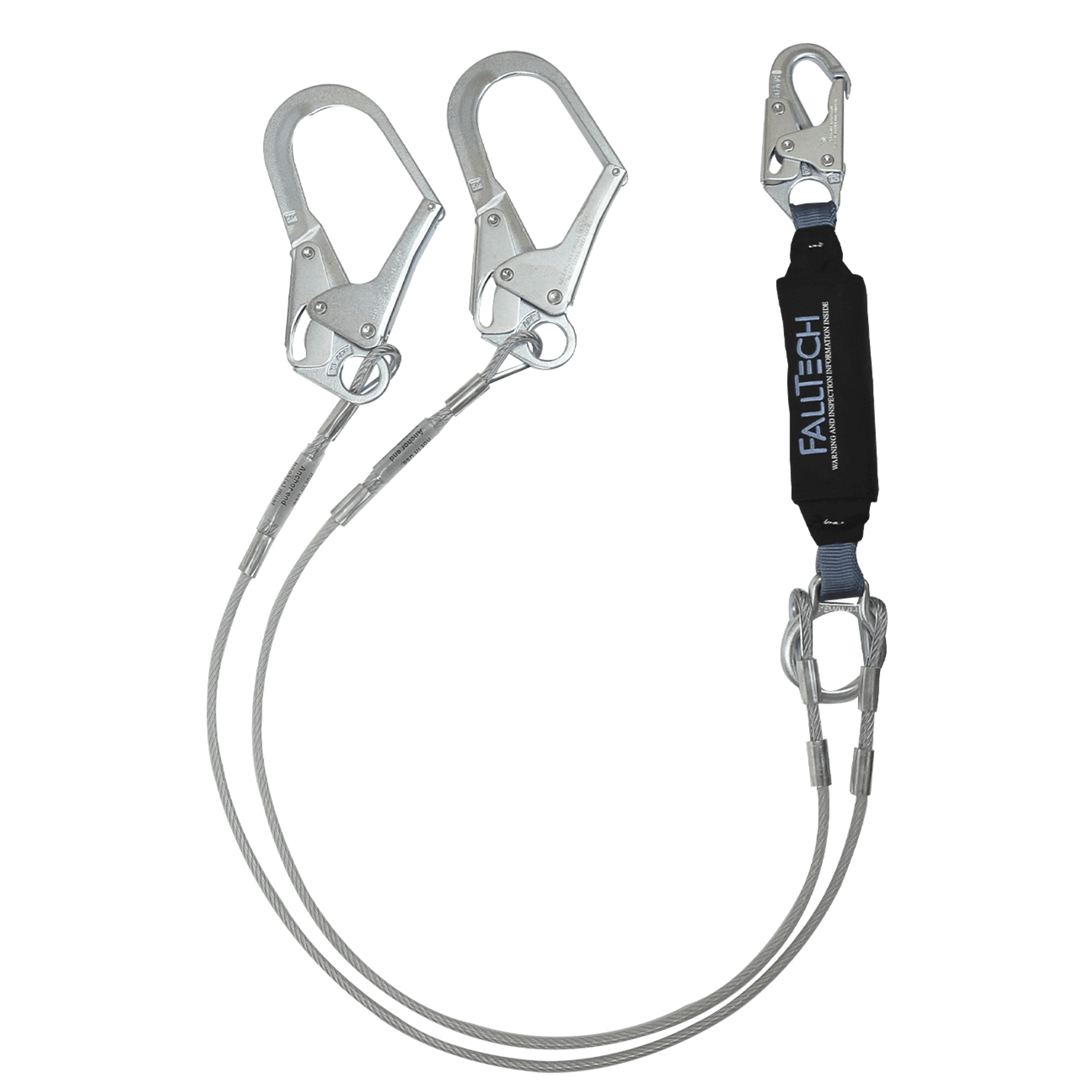 FallTech 6' ViewPack Coated Cable Energy Absorbing Lanyard Double-leg with Steel Connectors - 8357Y3
