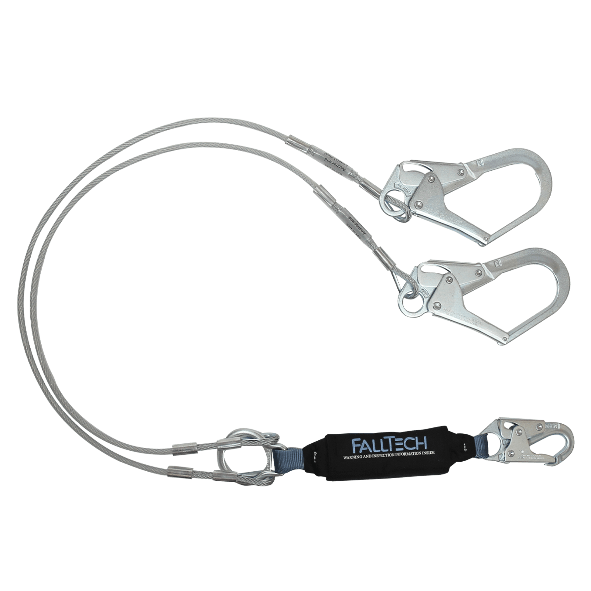 FallTech 6' ViewPack Coated Cable Energy Absorbing Lanyard Double-leg with Steel Connectors - 8357Y3