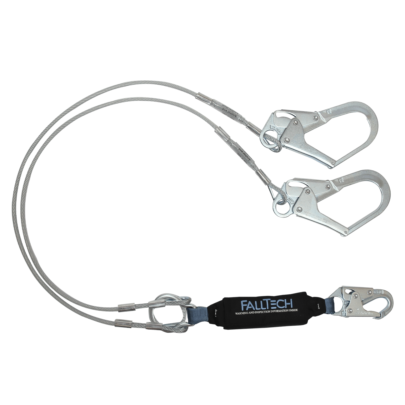 FallTech 6' ViewPack Coated Cable Energy Absorbing Lanyard Double-leg with Steel Connectors - 8357Y3