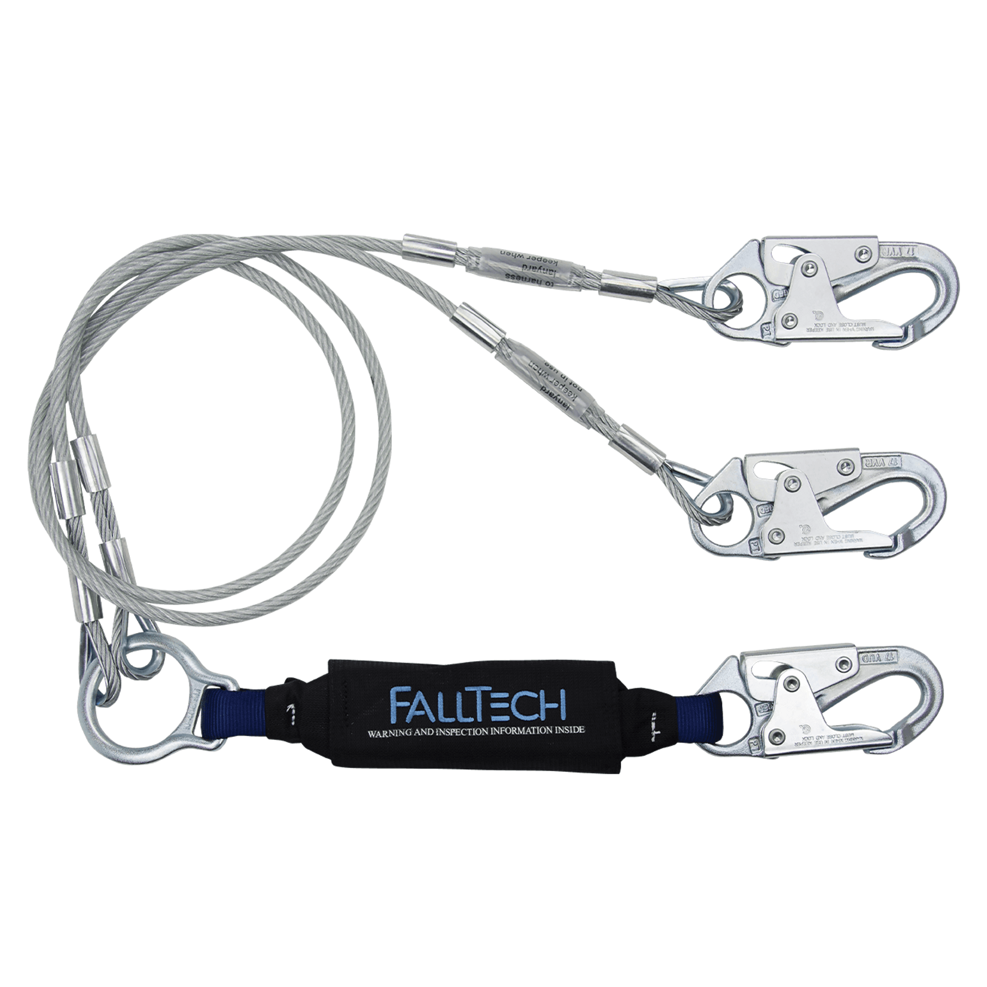 FallTech 6' ViewPack Coated Cable Energy Absorbing Lanyard Double-leg with Steel Snap Hooks - 8357Y