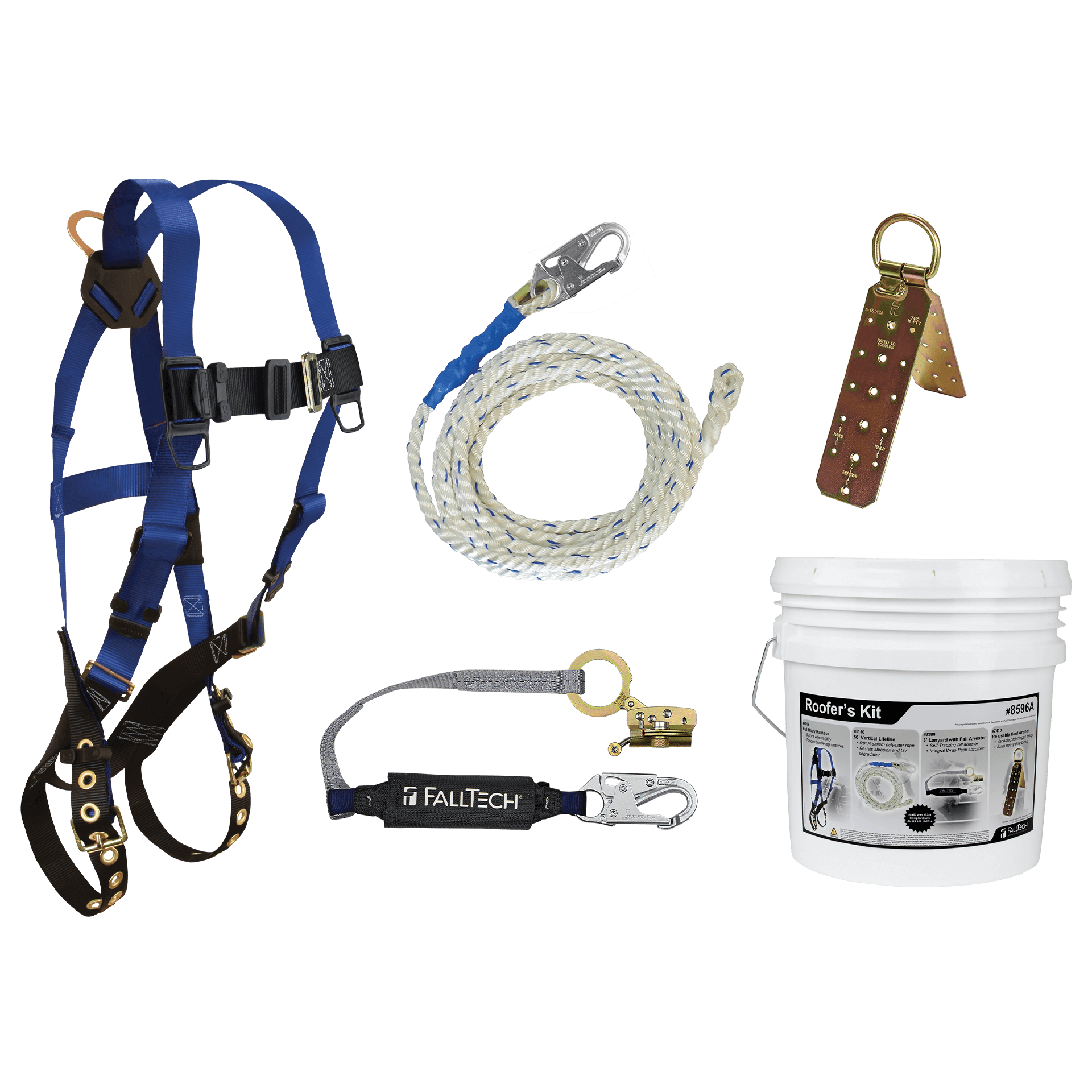 FallTech Roofer's Kit with Hinged Reusable Anchor and Trailing Anti-panic Rope Adjuster - 8596A