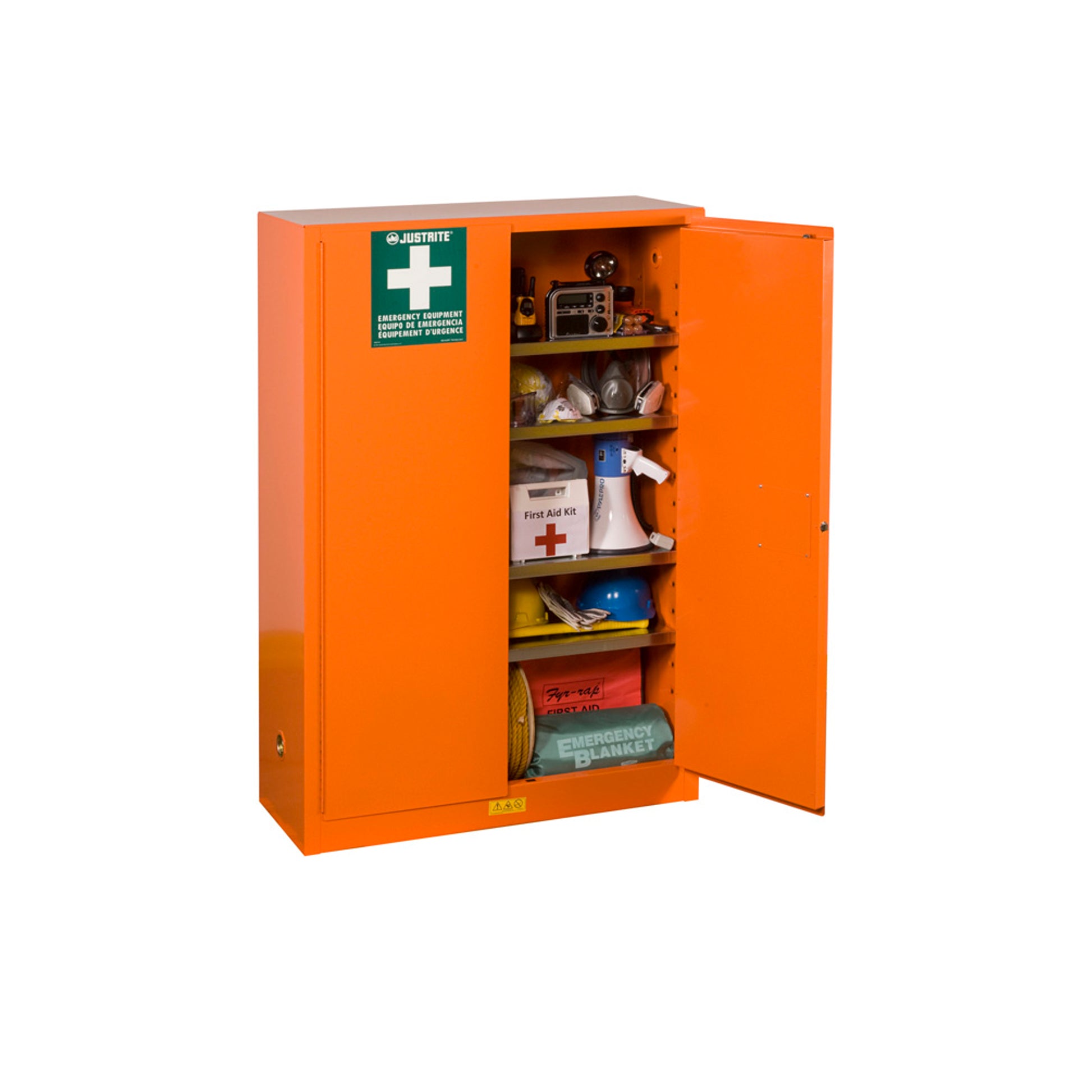 Justrite Emergency Preparedness Storage Cabinet For Supplies - Gloalert Labels - 4 Shelves - 2 Keys - Orange - 860001